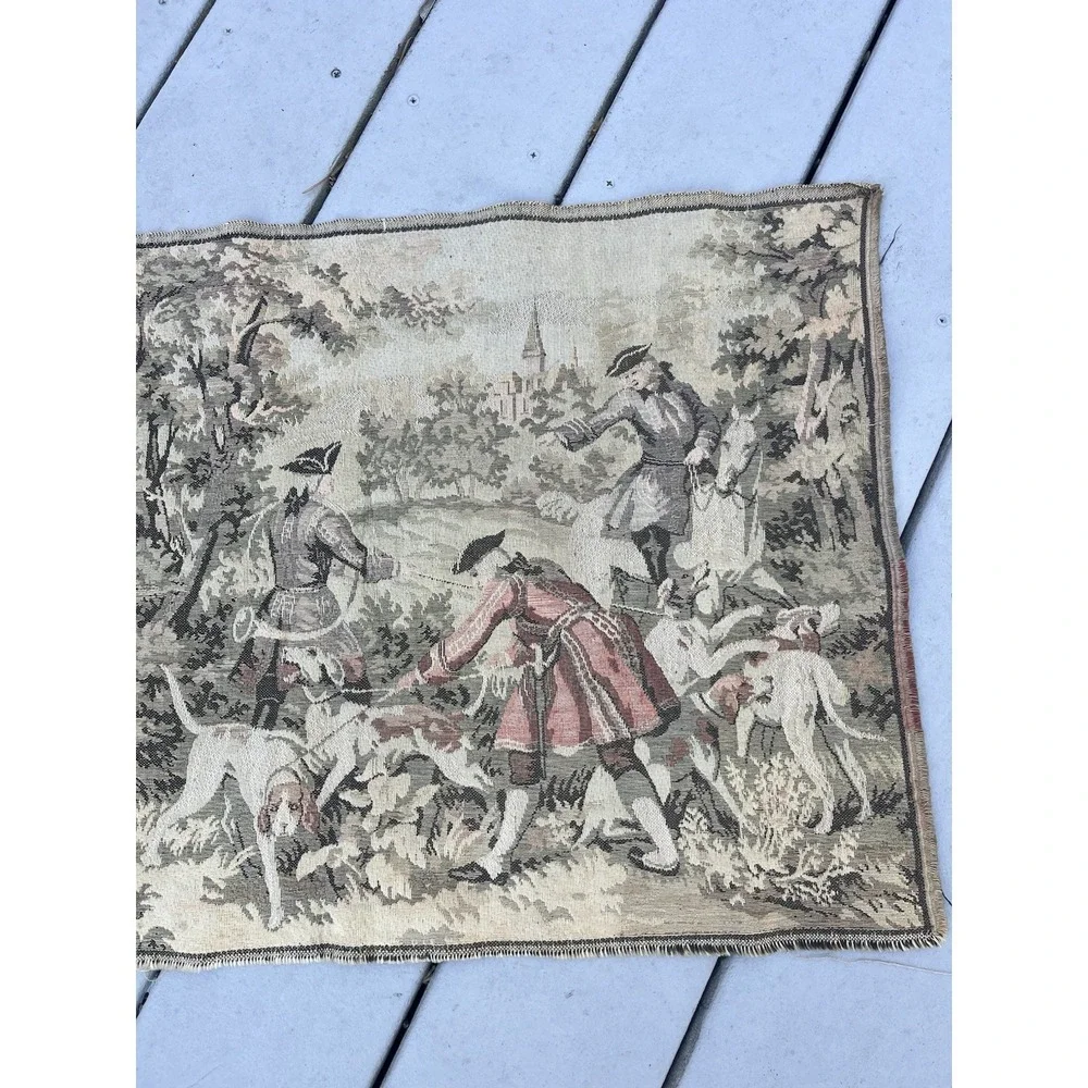ANTIQUE WALL HANGING FRENCH AUBUSSON JACQUARD STYLE TAPESTRY HUNTING SCENE 53.5